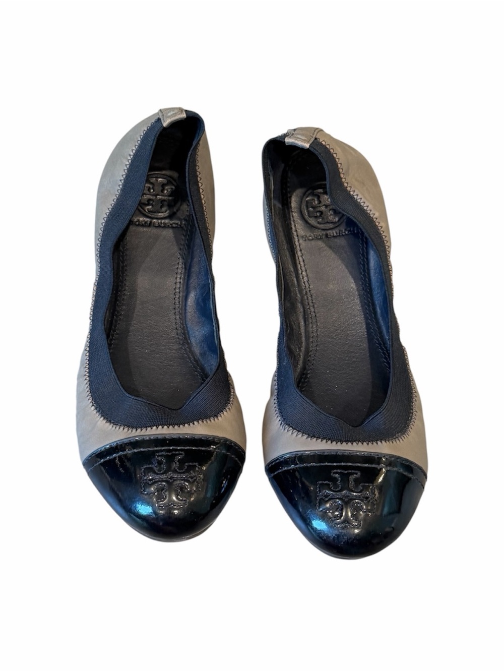 Tory Burch Two-Tone Gabby Scrunch Ballet Flats Grey, Patent Navy Cap Toe 6